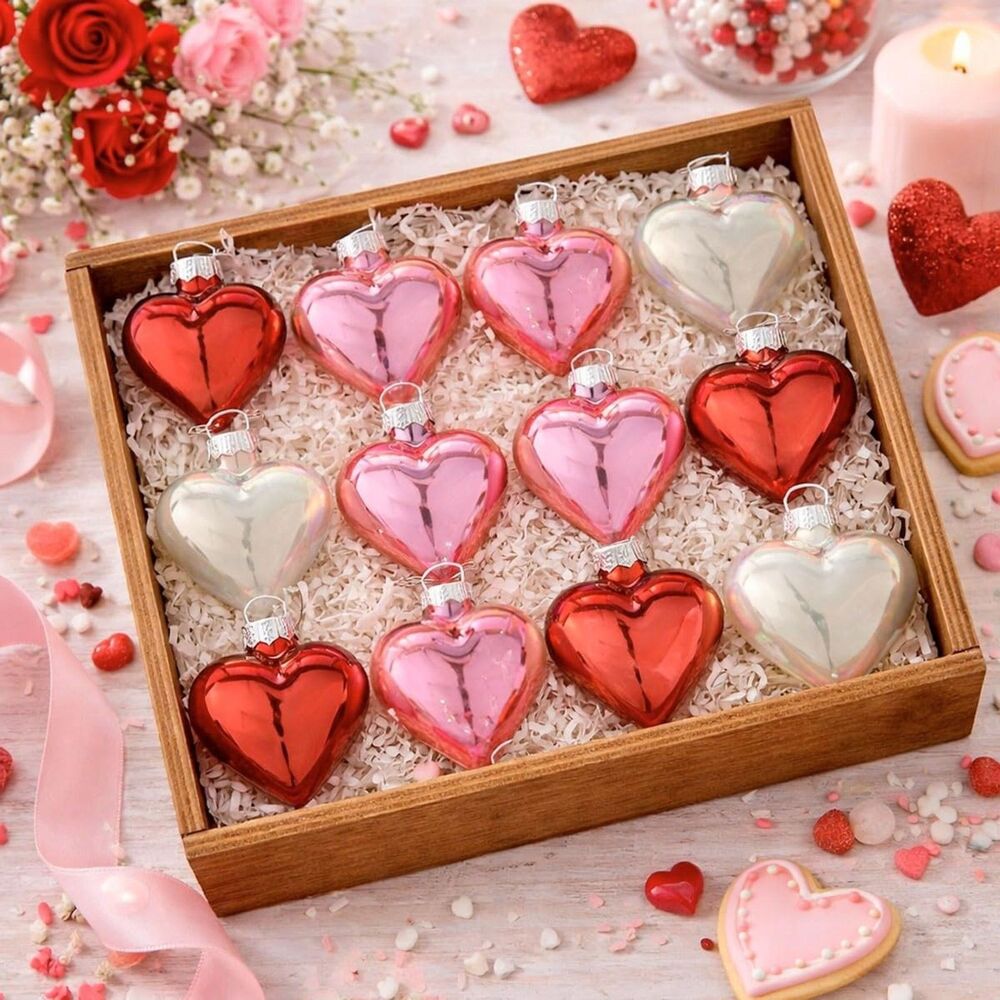 Set of 12 2" Blown Glass Red White Pink Shiny Hearts Christmas Tree Ornaments